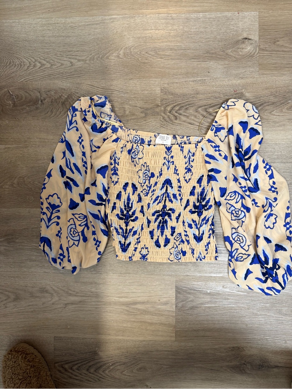 Sienna Sky Blue Floral Smocked Puff Sleeve Crop Top on Cream